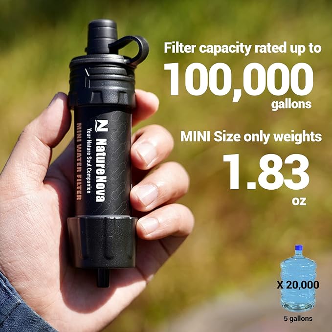 Mini Water Filter NatureNova Portable Emergency Water Filtration System Hiking Camping Straw Survival Gear Emergency Preparedness