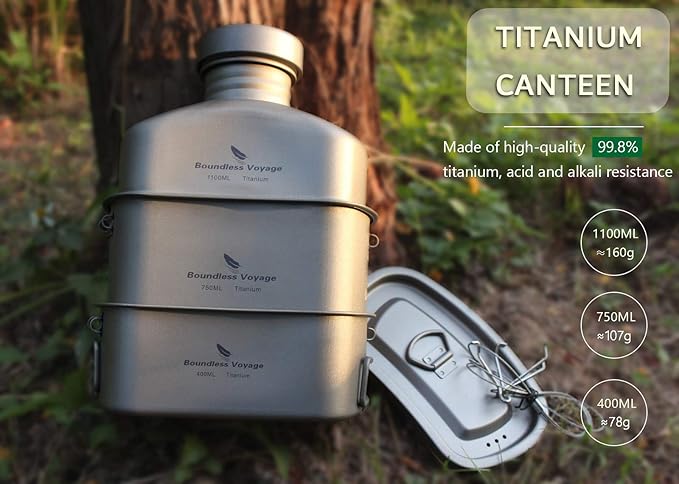 Boundless Voyage 750ml+400ml Titanium Military Mess Kit Ultralight Camping Cookware Set with Folding Handle & Hanging Rope Portable Canteen Cup for Outdoor Cooking, Hiking, Survival Ti2048C