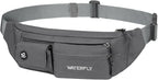 WATERFLY Small Crossbody Fanny Pack: 5 Pocket Slim Lightweight Waist Belt Hip Bag for Women Men Water Resistant Chest Pouch for Travel Hiking Running Walking Fit All Phones - Gray