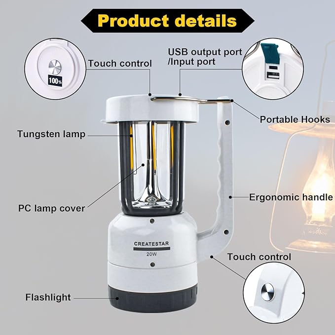 Rechargeable Battery Camping Lantern, Super Bright Flashlights Emergency, Hanging Camping Lights with 4 Modes for Hiking, Car Repair, Outdoor