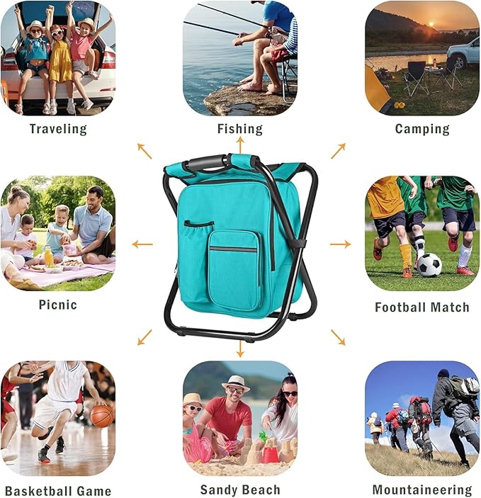 Kikerike Backpack Stool Cooler Chair Heavy Duty 400 LBS Max Load Portable Lightweight Stool Backpack Folding Fishing Cooler Seat for Camping Hunting Fishing - Blue-Green