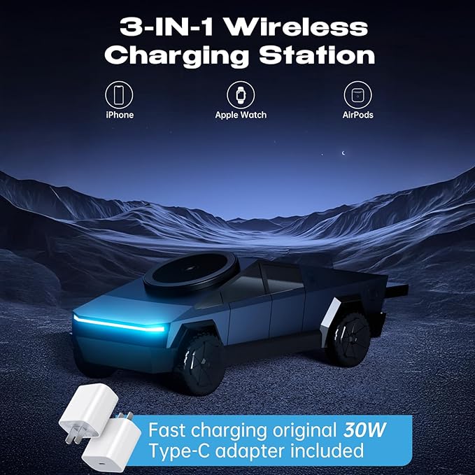 CyberDock 3-in-1 Wireless Charging Station for iPhone with Car Model 1:25 Scale, Qi2 Certified Mag-Safe Charger for iPhone iWatch AirPods, Rotating Charger with Ambient Light, 30W Adapter, Deep Blue