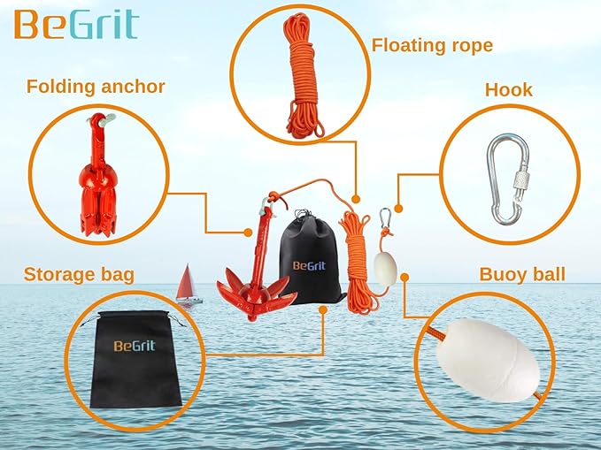 BeGrit Kayak Anchor Small Boat Anchor Folding Marine Anchor for Fishing,Kayak,Paddle Board,Canoe,Jet Ski, with 32.8 ft Anchor Tow Rope Carrying Bag