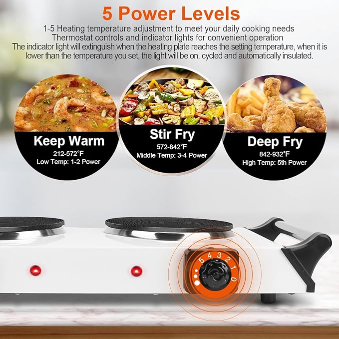 Hot Plate, 2000W Portable Electric Double Burner W/5 Level Temperature Control & Stay Cool Handles, Easy to Clean, Lightweight Cast Iron Electric Stove for Kitchen Camping Cooking, 110V