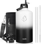 BUZIO 1 Gallon Water Bottle, 128oz Insulated Water Jug Double Walled Vacuum Stainless Steel Travel Flask (Cold for 48 Hrs), Leak Proof BPA-Free Large Canteen with Straw Lid, Black White