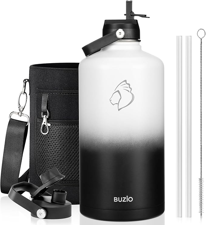 BUZIO 1 Gallon Water Bottle, 128oz Insulated Water Jug Double Walled Vacuum Stainless Steel Travel Flask (Cold for 48 Hrs), Leak Proof BPA-Free Large Canteen with Straw Lid, Black White