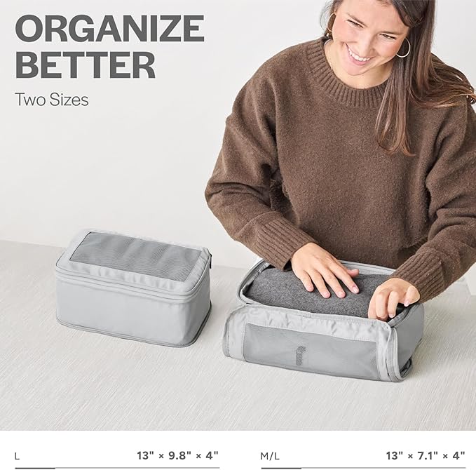 Compression Packing Cubes for Travel - Luggage Organizer Bags - Double Zipper Packing Cubes for Suitcases (2-Pack, Light Grey)