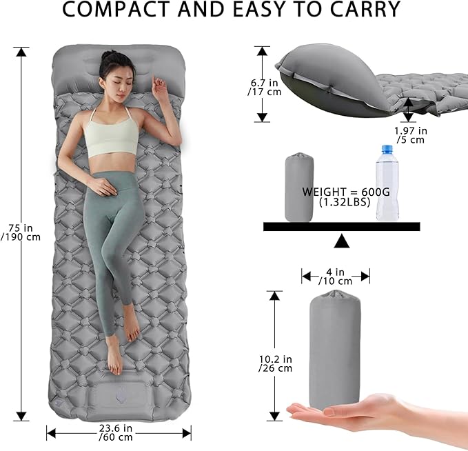 MEI&CO Lightweight Convertible Double Inflatable Camping Pad – 2-in-1 Single Pads Built-in Pillow – Quick Inflate Foot Pump, 660lb Capacity – Perfect for Couples & Family Adventures (2, Gray)