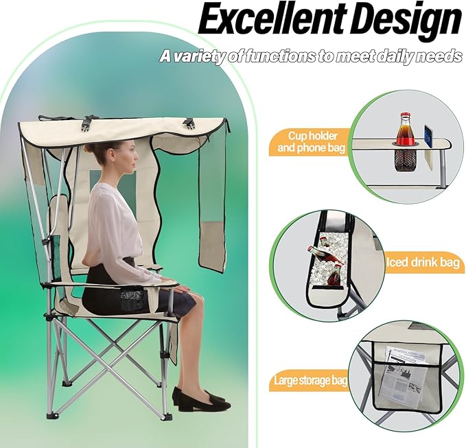 BDL Camping Chair with Canopy Shade Portable Folding Beach Chairs with Cooler, Mesh Backrest, Cup Holder, and Pocket for Camping, Fishing, Beach, and Sports,White