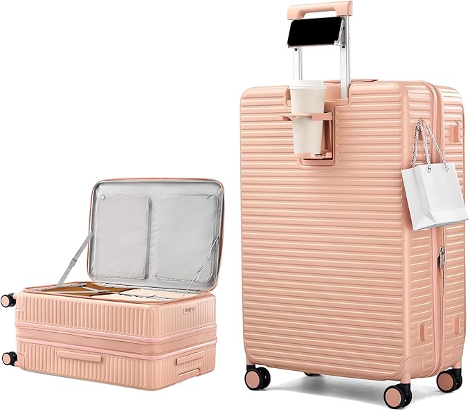 Hard Shell Suitcases 28 Inch Large Checked Luggage with Spinner Wheels Cup Holder, Expandable Check in Luggage Lightweight Top Opening Luggage Big Rolling Suitcase with Lock, Pink