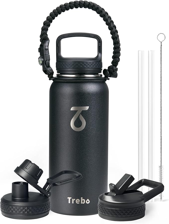 Trebo 32 oz Water Bottle Insulated with Lid and Straw,Double Wall Vacuum Stainless Steel Metal Tumbler Sports Flask with Paracord Handle, Keep Hot 24 Hours & Cold 48 Hours Water Cup with 3 Lids, Black