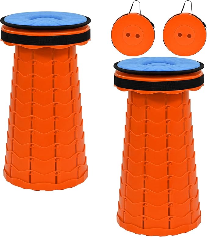 2 Pack Upgraded Collapsible Stool Folding Stool with Cushion,Retractable Folding Stool Max Load Capacity 400lbs, Portable Telescoping Stools for Camping Hiking Outdoor BBQ -Orange