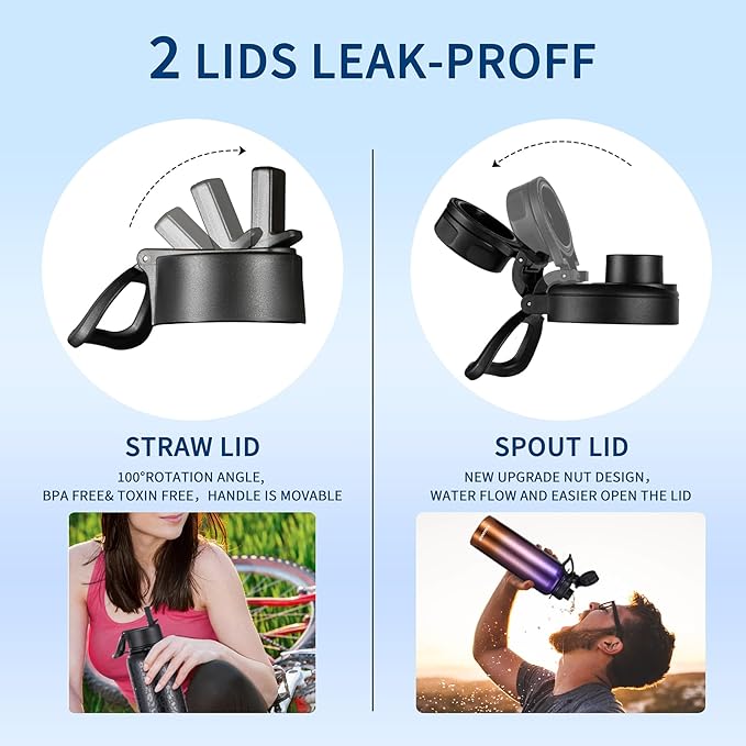 KXIAOCHEN Insulated Water Bottle, Stainless Steel Water Bottle, 2 Lids (Straw and Handle Lid),Wide Mouth Metal Water Bottles Keep Hot and Cold, Double Walled, Thermo Mug, Metal Canteen