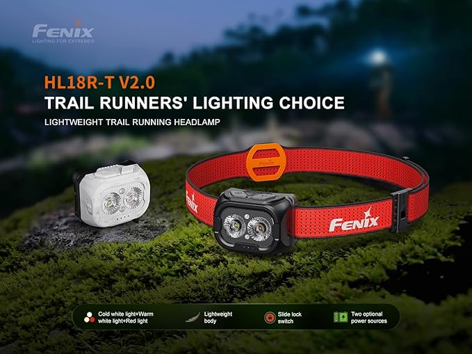 Fenix HL18R-T V2.0 800 Lumen Trail Running Headlamp, USB-C Rechargeable, White and Warm White Lights, Red Lights, Compatible with 3X AAA Batteries, (Black)