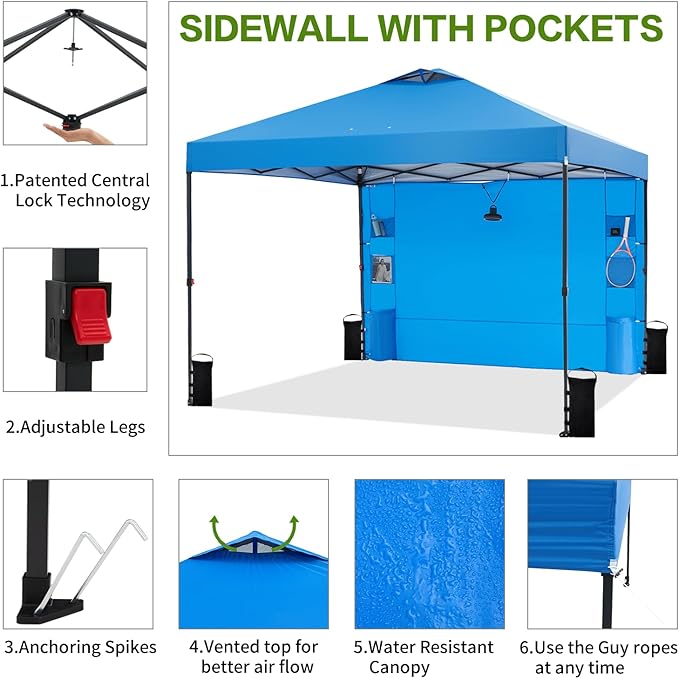 10'x10' Pop Up Canopy Tent with 1 Sidewall and 6 Pockets, One Push Setup, Instant Shade Tent with Vented Roof for Beach Patio Outdoor, Case, 8 Stakes, 4 Ropes, 4 Sandbags (Blue, 10x10)