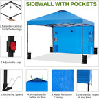 10'x10' Pop Up Canopy Tent with 1 Sidewall and 6 Pockets, One Push Setup, Instant Shade Tent with Vented Roof for Beach Patio Outdoor, Case, 8 Stakes, 4 Ropes, 4 Sandbags (Blue, 10x10)