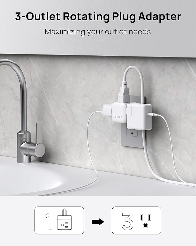 TROND Multi Plug Wall Outlet 2 Pack, 3 Way Outlet Adapter with 360 Rotating Plug, Cruise Ship Essentials, Small Wall Extender for Bathroom, Kitchen, Home, Office, Dorm