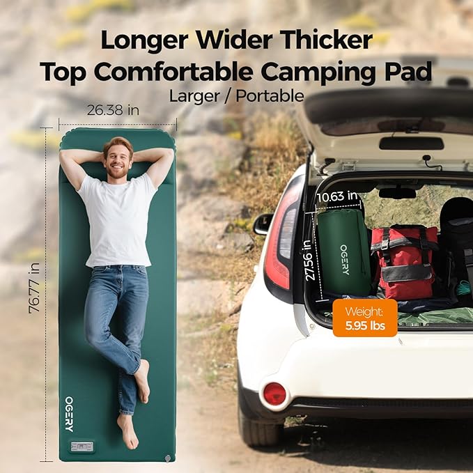 OGERY Self Inflating Sleeping Pad with Electric Pump, 3.15" Ultra-Thick Memory Foam Camping Pad, 4 Season Camping Mattress Pad with Built-in Pillow, Camping Essentials Gear for Tent Travel Car