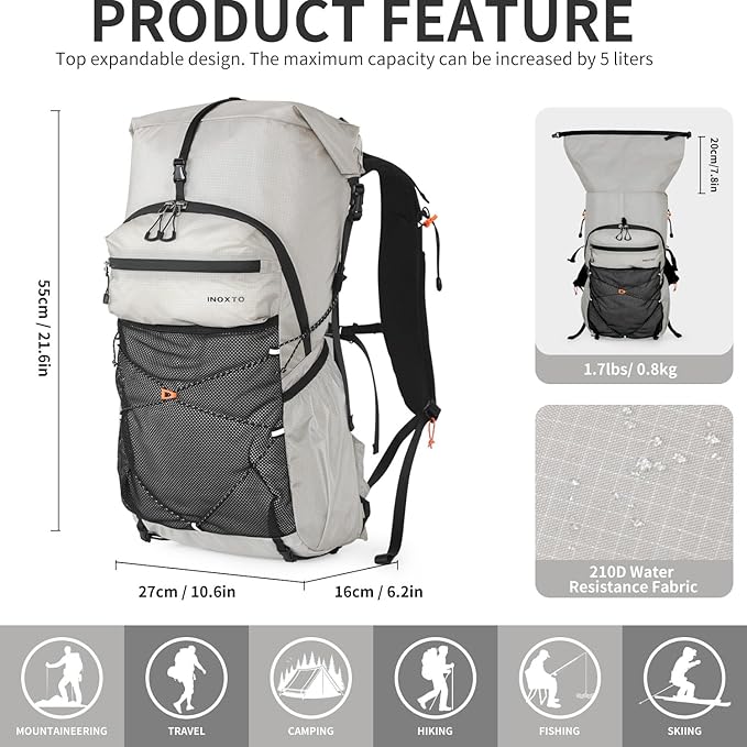 Hiking Backpack for Men and Women, 30L Waterproof Camping Backpack with 3L Water Bladder and Rain Cover, Lightweight Outdoor Sport Travel Daypack Rucksack for Climbing Cycling (Light gray)