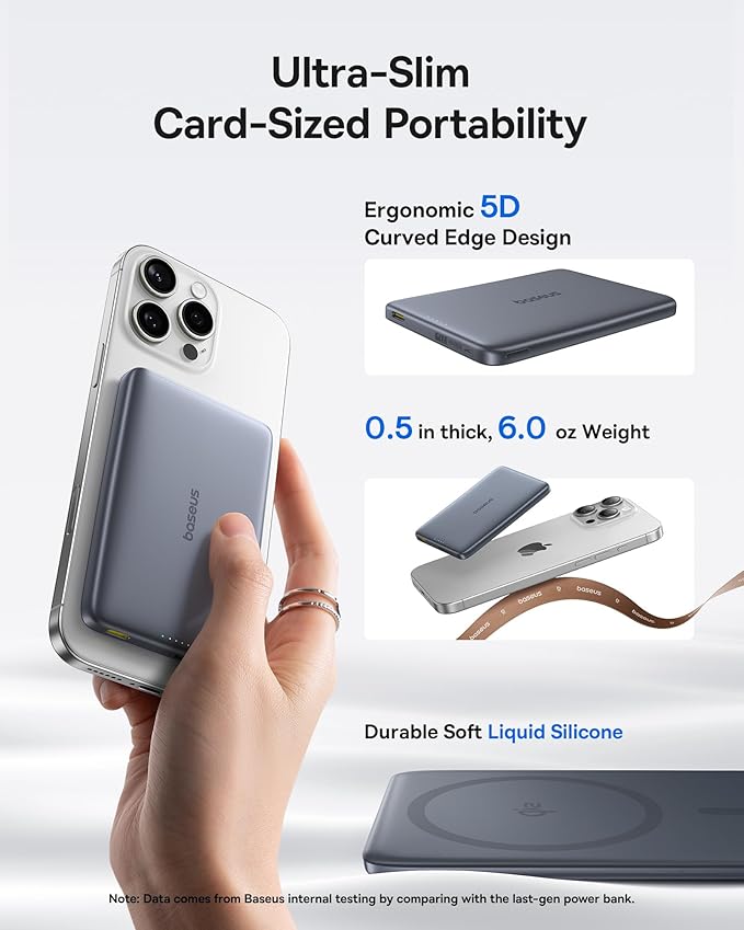 Baseus Picogo Magsafe Portable Charger, Qi2 Certified 0.5" Ultra Slim 15W Wireless Power Bank andBaseus Charging Station 120W, 6-in-1 USB-C PD Fast Charging Desktop Charger