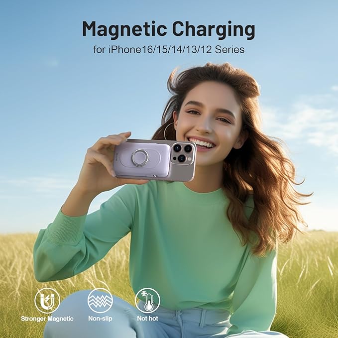 BLAVOR for Magsafe Portable Charger with Built-in Cables, PD 20W Fast Charging,10000mAh Magnetic Wireless Power Bank, Battery Pack with Stand for iPhone 15/14/13/12,Powerbank for Apple Watch(Purple)