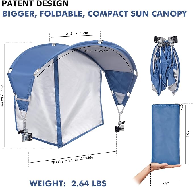 Universal Chair Umbrella Canopy, UPF 50+ Sun Shade with Adjustable Clamp, Fits Most Brands’ Beach, Camping, Lawn, Tanning, Zero Gravity, Lounge & Fishing Chairs, Patent Design