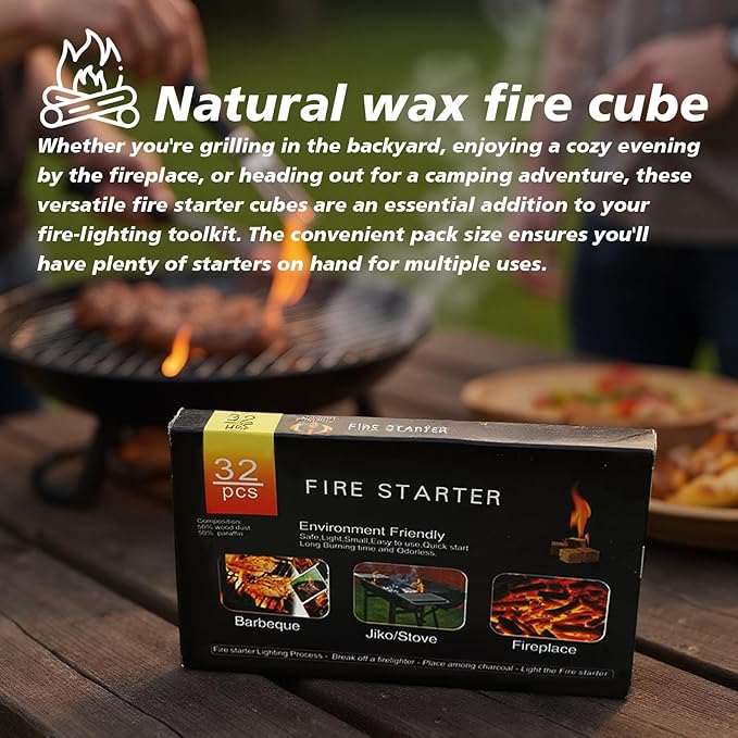 128 Pack,Natural Fire Starter Cubes for BBQ,Campfire,Fireplace,Indoor Outdoor Use,Grill Charcoal Wood Stove Fire Pit Chimney,All-Natural Odorless Wax Fire Starters