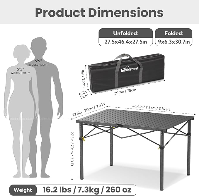 Portable Outdoor Camping Table Large for 2-6 Person - Foldable Camp Table with Aluminum Roll-Up Top & Carry Bag for BBQ, Tailgating, Backyard, 220 Lbs Capacity, Stable & Sturdy (Black)