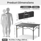 Portable Outdoor Camping Table Large for 2-6 Person - Foldable Camp Table with Aluminum Roll-Up Top & Carry Bag for BBQ, Tailgating, Backyard, 220 Lbs Capacity, Stable & Sturdy (Black)