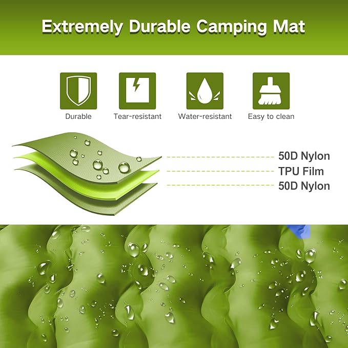 Double Sleeping Pad Camping, Self Inflating 6'' Extra-Thick 2 Person Pillow Built-in Foot Pump Waterproof Inflatable Sleeping Mat Backpacking, Tent, Hiking, Portable Camping Pad