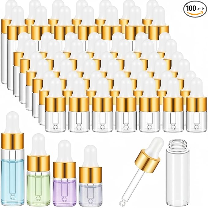 100 Pcs Mini Glass Oil Dropper Bottle Bulk, Clear Essential Small Empty Bottles Sample Containers Perfume Liquid Vials with Cap for Traveling (1ml,2ml,3ml,5ml,Gold)
