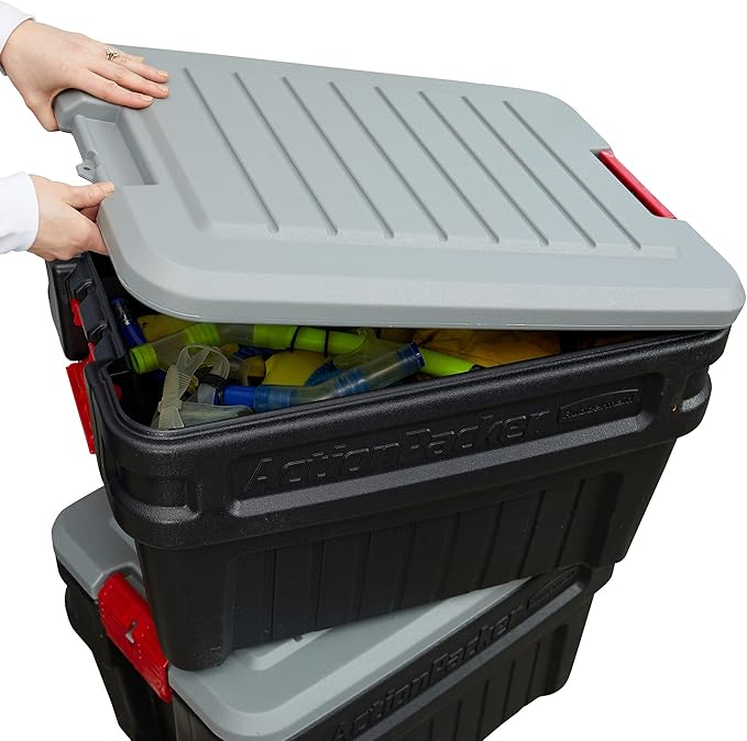 Rubbermaid ActionPacker️ 24 Gal Lockable Storage Box Pack of 2, Outdoor, Industrial, Rugged, Grey and Black