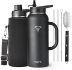 40 oz Insulated Water Bottle with Straw and Lid, Food-grade Double Wall Vacuum Stainless Steel Flask with Handle,Leakproof Metal Travel Jug With Carry Pouch and Brush,Keep Cold & Hot,Black