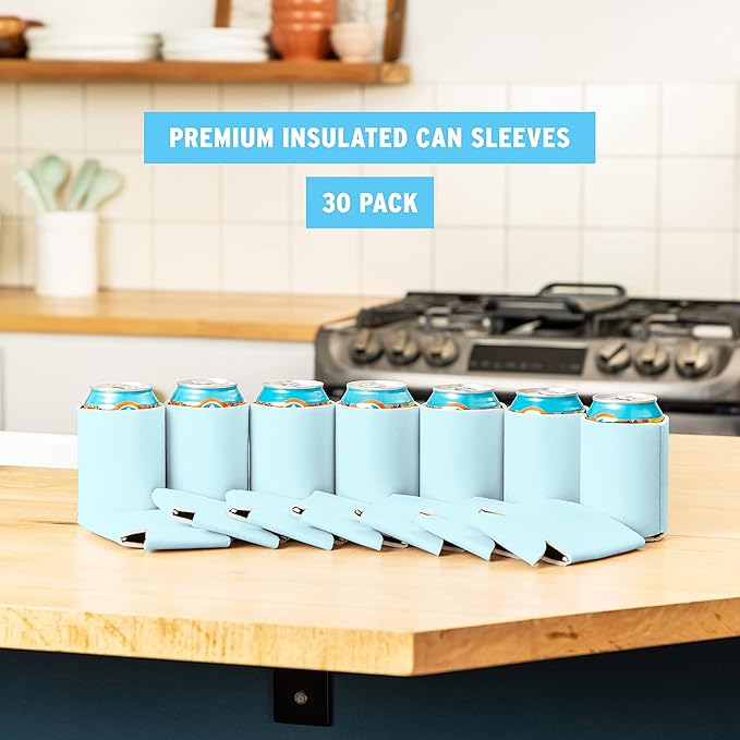 Blank Beer Can Coolers Sleeves (30-Pack) Soft Insulated Beer Can Coolies - HTV Friendly Plain Koolies in Bulk for Beer Cans & Bottles - Coolie Blanks for Vinyl Projects & Wedding Favors (Light Blue)