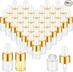 100 Pcs Mini Glass Oil Dropper Bottle Bulk, Clear Essential Small Empty Bottles Sample Containers Perfume Liquid Vials with Cap for Traveling (2 ml,Gold)