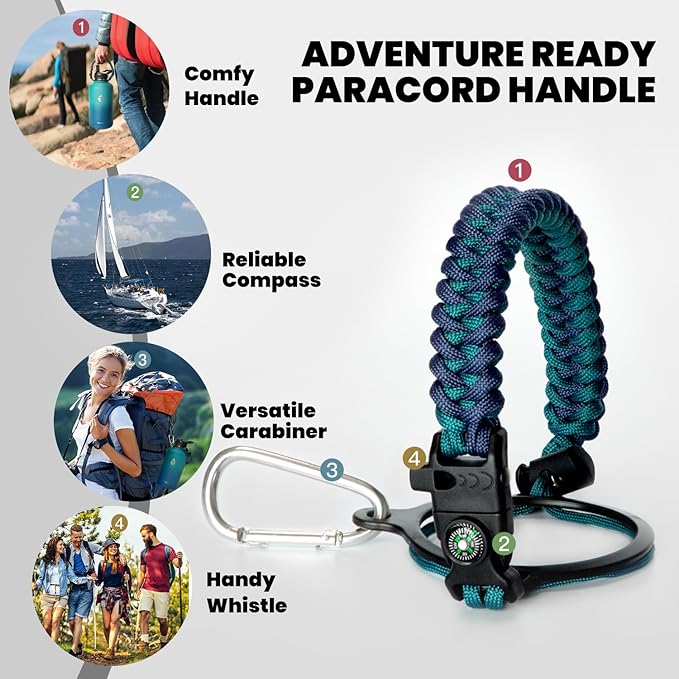 One Gallon Water Bottle Insulated, Triple Walled Vacuum Stainless Steel (Cold for 48 Hrs), Leak Proof & Non-BPA, Large Water Flask Jug with Paracord Handle & Straw Spout Lids