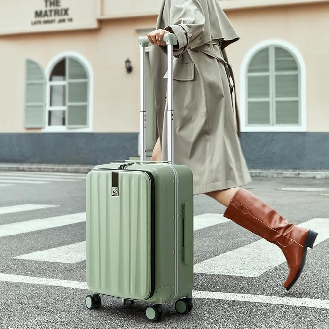 Hanke 20 Inch Carry-On Luggage with Wheels PC Hard Shell Suitcases Top Opening Aluminum Frame Travel Luggage Suitcases for Woman Men.(Bamboo Green)