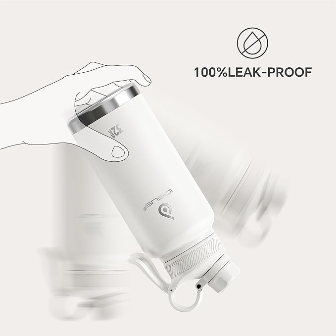 IDEUS Insulated Stainless Steel Water Bottle with 2 Leak-Proof Lids, Thermal Water Flask for Hiking Biking, 32oz, White