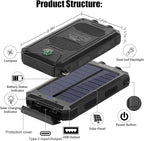 Solar Charger Power Bank, 20000mAh Portable Outdoor Waterproof Solar Battery Charger, Camping External Backup Battery Pack USB C Ports Input/Output, 2 Led Light Flashlight with Compass (Black)