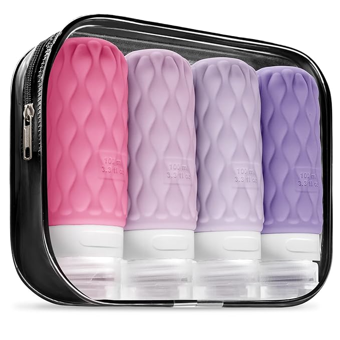 100 ml Silicone Travel Bottles for Toiletries with Labels/Clear Bag, Holiday Travel Essentials Leakproof Refillable Squeeze Travel Size Containers Set for Shampoo and Conditioner
