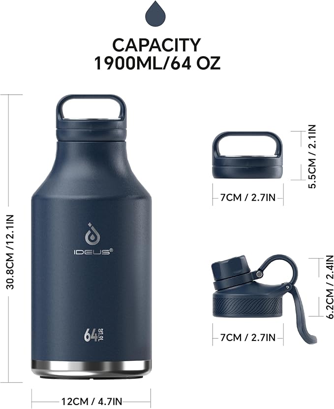 IDEUS Insulated Stainless Steel Water Bottle with 2 Leak-Proof Lids, Thermal Water Flask for Hiking Biking, 64oz, Navy Blue