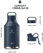 IDEUS Insulated Stainless Steel Water Bottle with 2 Leak-Proof Lids, Thermal Water Flask for Hiking Biking, 64oz, Navy Blue