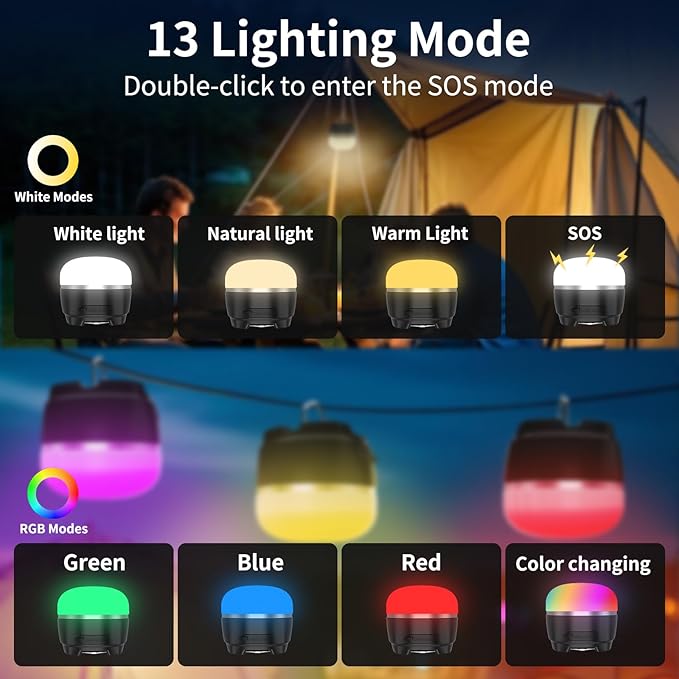 LED Camping Lantern, 8000mAh Rechargeable Camping Tent Light with 13 Light Modes, 6 Brightness Adjustable Tent Lamp, Waterproof Emergency Hanging Light for Hurricane, Power Outages