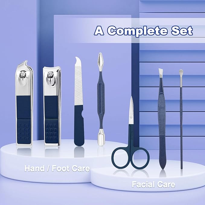 Manicure Set-Stainless Steel Nail Care Set-Professional 7 in 1 Ingrown Toenail Clipper Grooming Tool-Pedicure Kit & Toe Nail Cutter-Thick Nail Scissors Toiletries with Cuticle Trimmer (Blue)