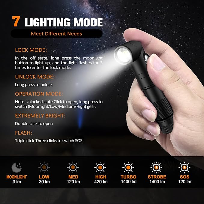 T21X 1400 Lumen Small LED Flashlight Rechargeable, Super Bright 90 Degree EDC AA Pocket Flashlight with Magnet, Adjustable Headlamp, Mini Tactical Light & Clip for Camping Running Hiking