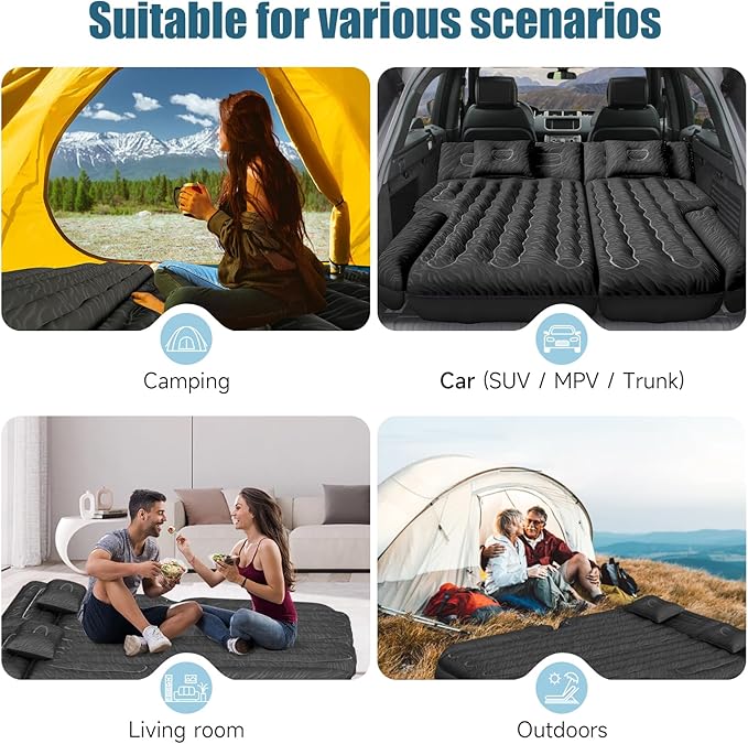 SUV Air Mattress Double-Sided Flocking Car Mattresses for Car Bed, Travel Camping Sleeping Bed with Air Pump 2 Pillows