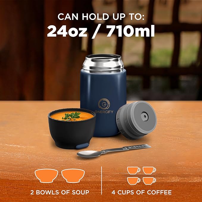 ENERGIFY Vacuum Insulated Food Jar. Large 24oz Bowl incl. Folding Spoon, Cup. Wide Mouth Keep Hot & Cold Drinks Soup Lunch Container for Adults. BPA-Free Stainless Steel, Leak Prooff Velvet blue