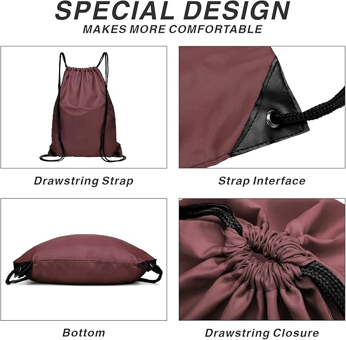 Drawstring Backpack Sports Water Resistant String Bag Sport Gym Sackpack for Women Men Large with Zipper, Burgundy