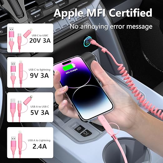 Coiled Carplay 4-in-1 USBA/Type C to USB-C/Lightning Cable Multi Combo for Apple Carplay& Android Auto,60W Fast Charge&Data Sync Car Charger Cord for iPhone 15/14/13/12,Samsung,Android-Pink