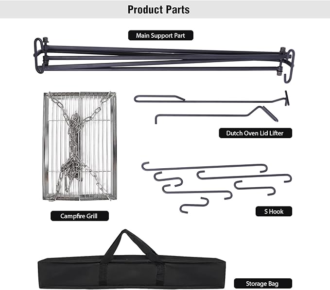 REDCAMP Swing Outdoor Campfire Grill Stand - Collapsible Campfire Cooking Rack with 6 Hooks & Stainless Steel Grill Grate, Portable Dutch Oven Hanger for Camping, Cookware, Bonfire, Rectangle